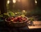 Vibrant basket of fresh strawberries on a rustic table. A basket full of strawberries sitting on a table