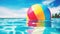 Vibrant beach ball floats peacefully on calm blue pool waters, inviting play. Ai Generated