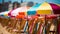 Vibrant beach boardwalk with colorful huts and sun umbrellas, perfect for summer fashion promotion