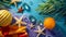 Vibrant Beach Scene with Colorful Starfish, Beach Ball, Tropical Elements, and Popsicle on a Summer Day