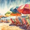Vibrant Beach Scene with Colorful Umbrellas and Chairs .