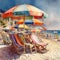 Vibrant Beach Scene with Colorful Umbrellas and Chairs Perfect for Summer Getaways .