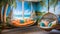 A vibrant beach-themed room with a 3D tropical mural wall, featuring