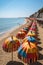 vibrant beach umbrellas lined up along the shore