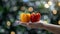 Vibrant bell peppers held in hand, assorted peppers on blurred background with copy space