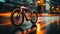 Vibrant bicycle racing on dynamic urban track in creative blurred motion with cityscape background