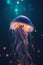 Vibrant bioluminescent jellyfish in dark blue water, generative ai