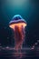 Vibrant bioluminescent jellyfish in dark blue water, generative ai