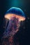 Vibrant bioluminescent jellyfish in dark blue water, generative ai