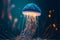 Vibrant bioluminescent jellyfish in dark blue water, generative ai