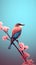 Vibrant Bird Art: Pink And Cyan Bird On Branch With Cherry Blossoms