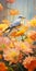 Vibrant Bird Among Orange Flowers - Hyperrealistic Oil Painting