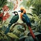 Vibrant birds amidst lush foliage and enchanting floral patterns - digital art-illustration