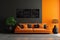 Vibrant Black wall orange sofa. Generate Ai