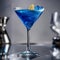A vibrant blue cocktail in a martini glass with a sugar-coated rim1
