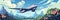 Vibrant Blue Sky Travel. Airplane Soaring Through Clouds with Blue Passport and Luggage