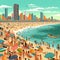 Vibrant Boa Viagem Beach, Recife: Sunbathers, Surfers & City Skyline Digital Illustration