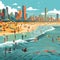 Vibrant Boa Viagem Beach, Recife: Sunbathers, Surfers & City Skyline Digital Illustration