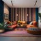 A vibrant, bohemian living room with colorful textiles, eclectic decor, and floor cushions1