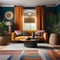 A vibrant, bohemian living room with a mix of textures, colors, and globally-inspired decor1