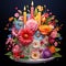 Vibrant Bouquet of Flowers Blooming from Birthday Cake