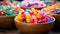 A vibrant bowl of colorful candy, a sweet childhood indulgence generated by AI