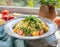 A vibrant bowl of fresh tabbouleh salad garnished with a sprig of mint, surrounded by ingredients like tomatoes and olive oil, set