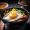 A vibrant bowl of vegetarian bibimbap with crispy tofu, colorful vegetables, and a fried egg