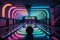 vibrant bowling alley with neon lights and groovy music