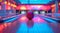 Vibrant bowling alley with a red and blue swirling bowling ball, illuminated lanes, and colorful backdrop.