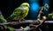 Vibrant budgerigar perched on a mossy branch in a magical forest ambiance with sparkling light