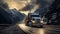 Vibrant Bulldozer On Road Surrounded By Majestic Mountains