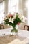 Vibrant bunch of blossoms displayed for interior decoration. Colorful bouquet in a vase on a table at home with lens