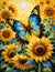 A vibrant butterfly fluttering amidst a field of sunflower, with intricate patterns and vibrant colors of the wings, painting