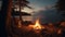 a vibrant campfire burning in a cast iron fire pit on a forest beach, with the enchanting backdrop of light bulb