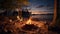 a vibrant campfire burning in a cast iron fire pit on a forest beach, with the enchanting backdrop of light bulb