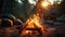 Vibrant campfire in the foreground with silhouette of a couple enjoying the outdoors, embodying warmth and togetherness.