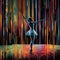 a vibrant canvas illuminated by a cascade of colorful binary code, forming the silhouette of a captivating glass ballerina.