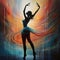 a vibrant canvas illuminated by a cascade of colorful binary code, forming the silhouette of a captivating glass ballerina.