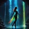 a vibrant canvas illuminated by a cascade of colorful binary code, forming the silhouette of a captivating glass ballerina.