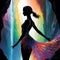 a vibrant canvas illuminated by a cascade of colorful binary code, forming the silhouette of a captivating glass ballerina.