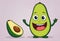 A vibrant cartoon avocado with a happy face smiles brightly as it sits on a kitchen counter.