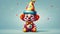 Vibrant cartoon clown with a whimsical hat levitating in mid-air, AI-generated.