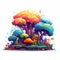Vibrant Cartoon Fantasy Tree Island Illustration With Mushroomcore Motifs