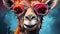 A vibrant cartoon giraffe with cool sunglasses. Created with Generative AI