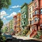 Vibrant cartoon illustration of colorful urban street with detailed buildings