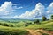 Vibrant cartoon illustration, summer fields, hilly landscape, blue sky, fluffy clouds