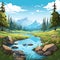 Vibrant Cartoon Landscape With Streams, Mountains, And Green Trees