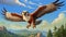 Vibrant Cartoon Osprey Soaring Above Woods And Mountains