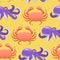 Vibrant cartoon seamless pattern with cute crabs and octopus. Vector illustration